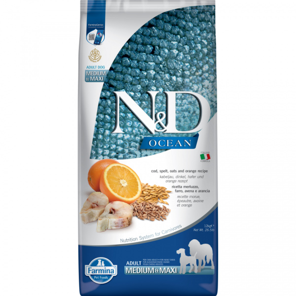 N&D Ocean Dog Adult Medium/Maxi Codfish&Oats&Orange 12kg